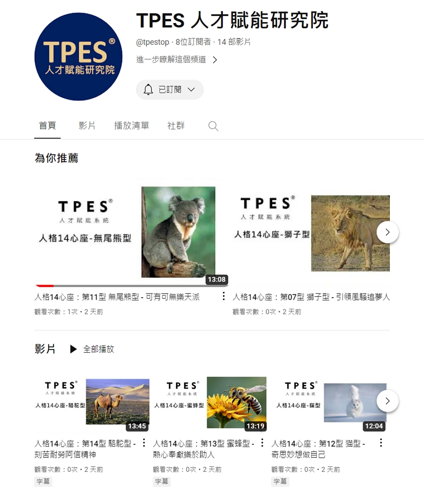youtube TPES 人格14心座 頻道